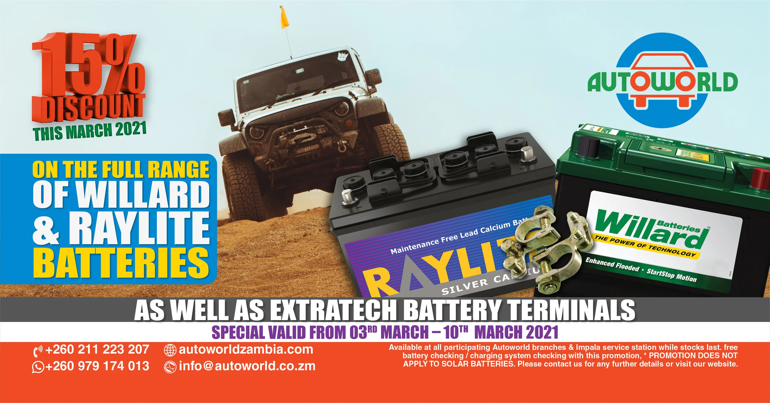 Autoworld 15 discount March offer on batteries and terminals